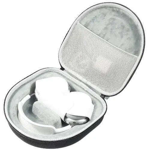 Black hard-shell travel case for headphones with a soft grey interior and internal mesh storage pocket.