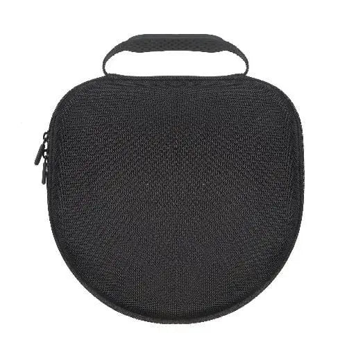 Black, hard-shell, textured travel case for headphones with a zip closure and a sturdy top carry handle.