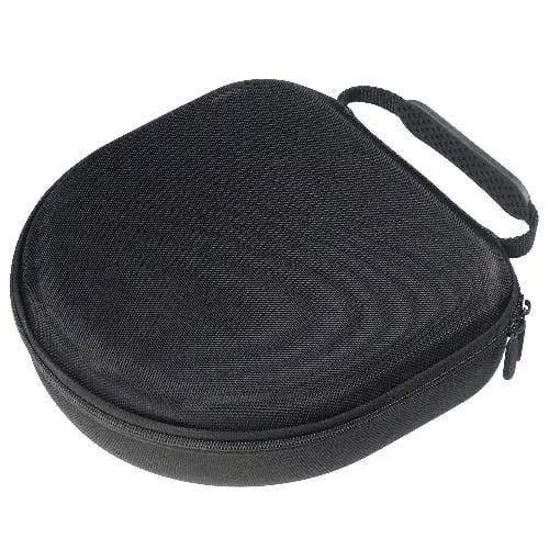 Black hard-shell travel case with a textured fabric finish, zipper closure, and a convenient carrying handle.