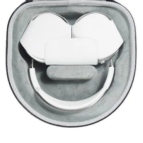White over-ear headphones stored in a gray, velvet-lined hard-shell travel case with a molded interior.
