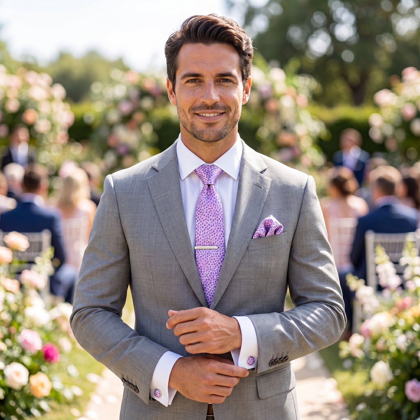 Salerno · conjunto de corbata rosa con pañuelo, gemelos y pasador