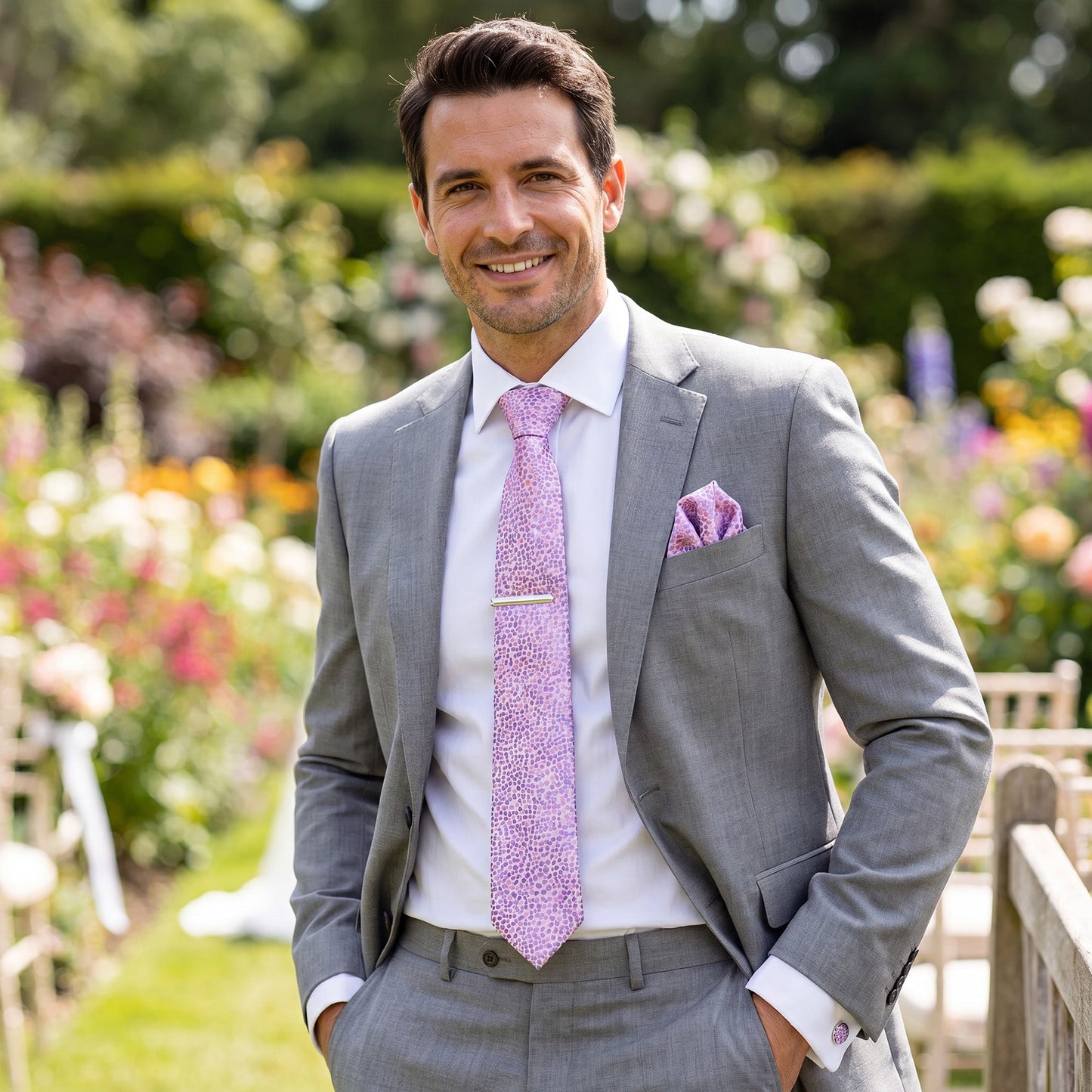 Salerno · conjunto de corbata rosa con pañuelo, gemelos y pasador