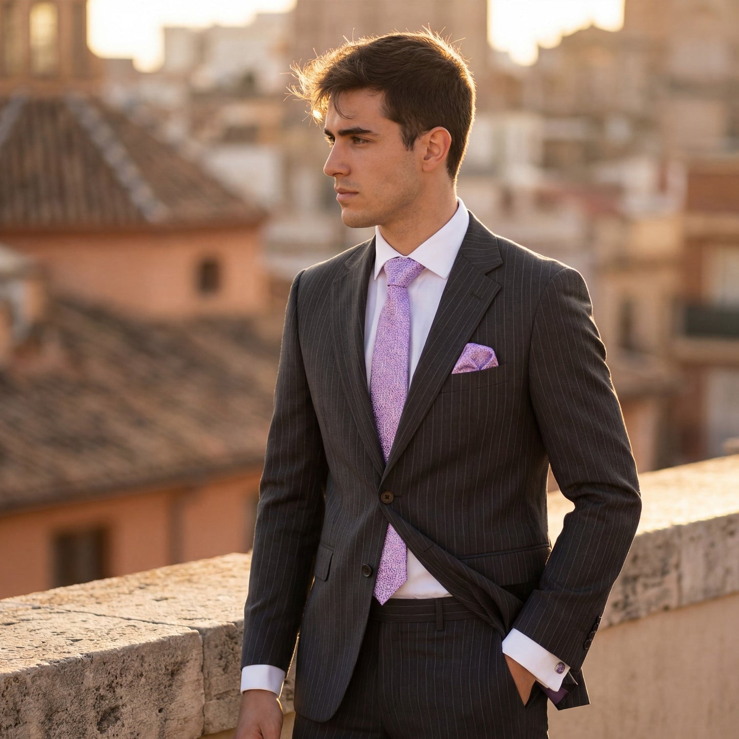 Salerno · conjunto de corbata rosa con pañuelo, gemelos y pasador