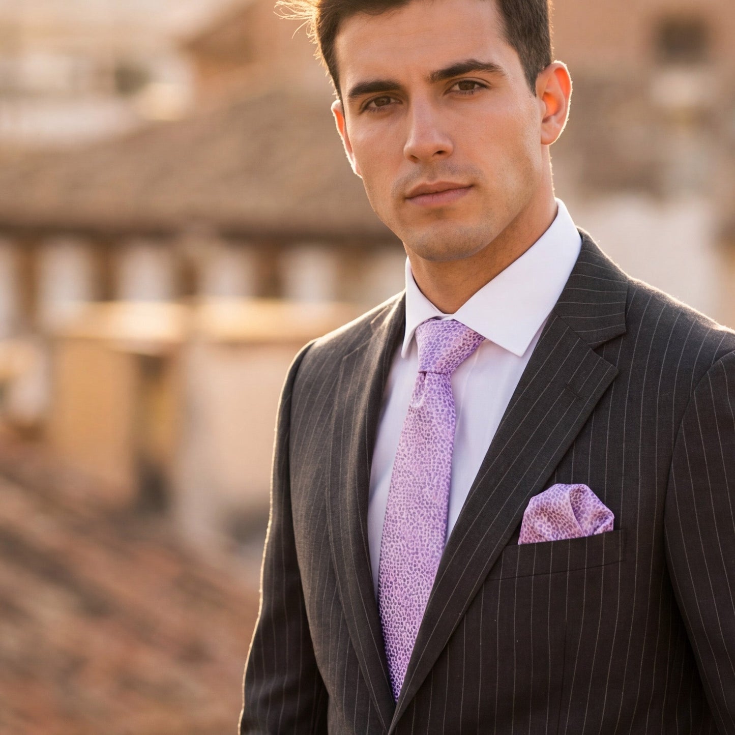 Salerno · conjunto de corbata rosa con pañuelo, gemelos y pasador