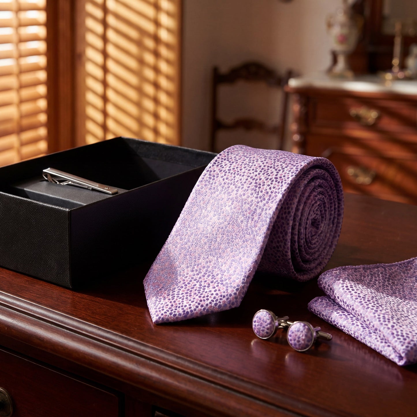Salerno · conjunto de corbata rosa con pañuelo, gemelos y pasador