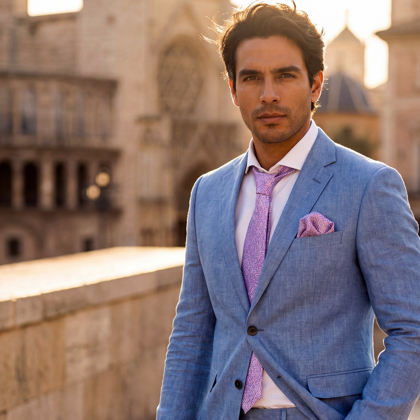Salerno · conjunto de corbata rosa con pañuelo, gemelos y pasador