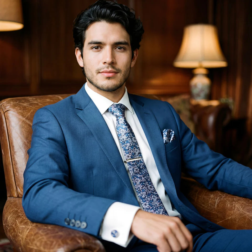 Salvias · conjunto de corbata floral azul y rosa con pañuelo, gemelos y pasador