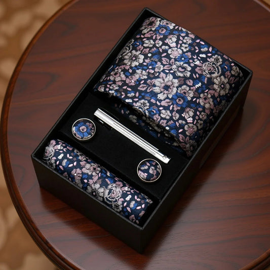 Salvias · conjunto de corbata floral azul y rosa con pañuelo, gemelos y pasador