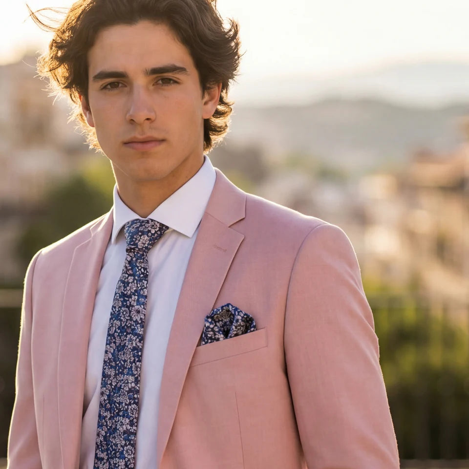 Salvias · conjunto de corbata floral azul y rosa con pañuelo, gemelos y pasador