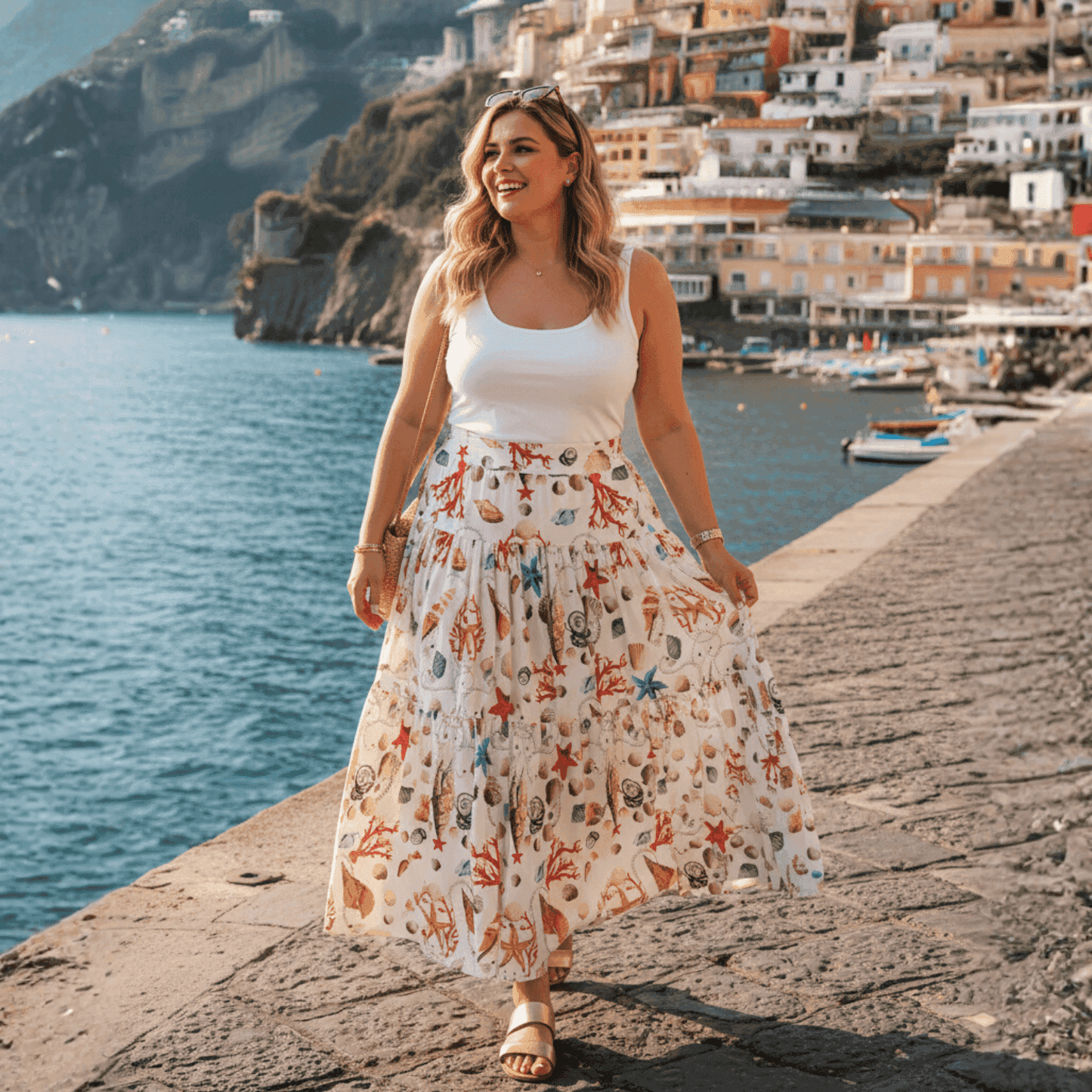 Woman wearing a tiered white 100% cotton maxi skirt with a colorful seashell and starfish print by the ocean.