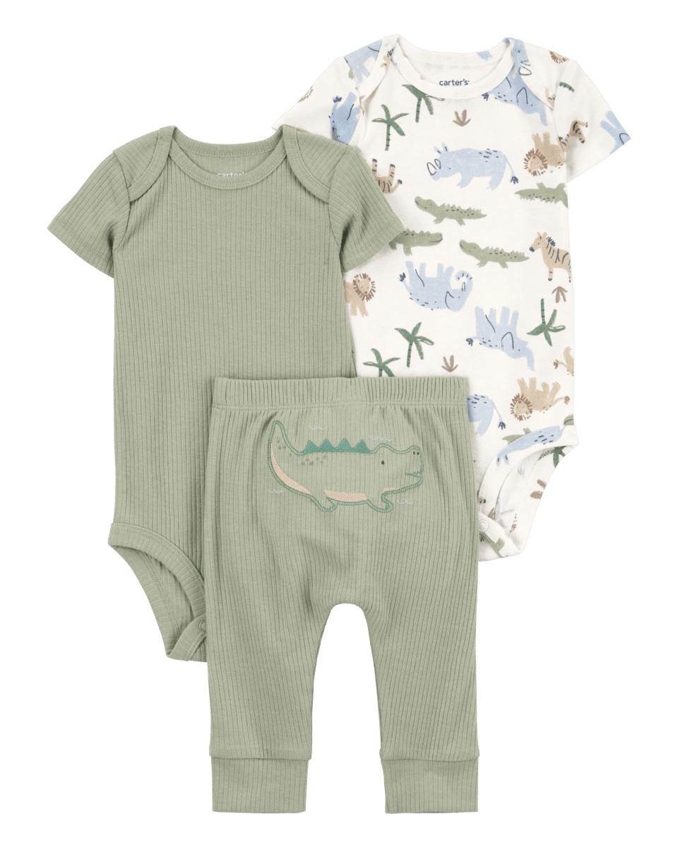 Conjunto tres piezas de algodón pantalón y dos bodies diseño caimán