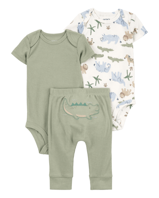 Conjunto tres piezas de algodón pantalón y dos bodies diseño caimán