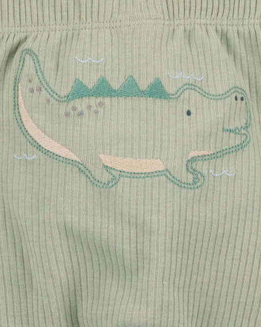 Conjunto tres piezas de algodón pantalón y dos bodies diseño caimán
