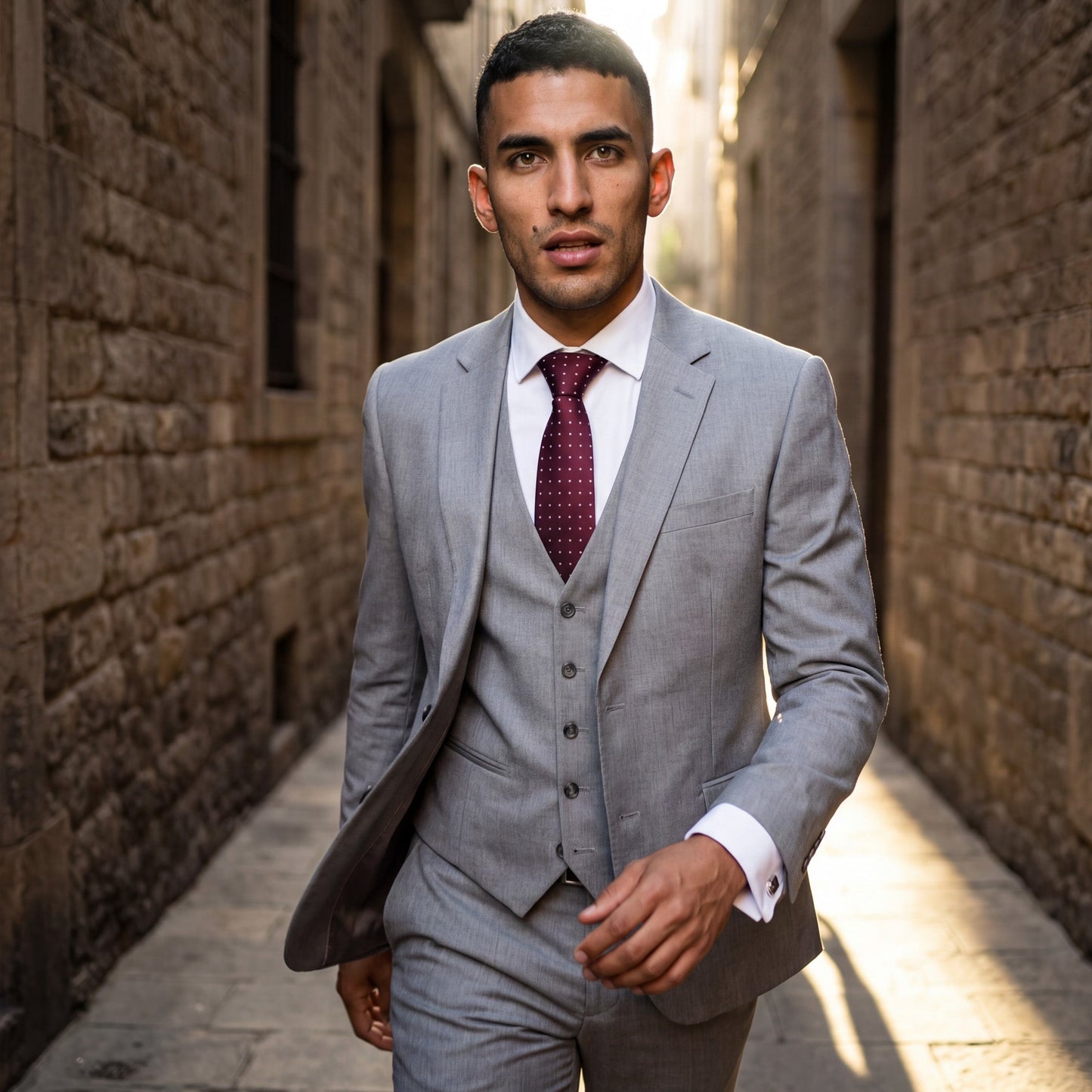 Siena · corbata de estilo italiano, 100% seda, color burdeos con microcuadrados blancos