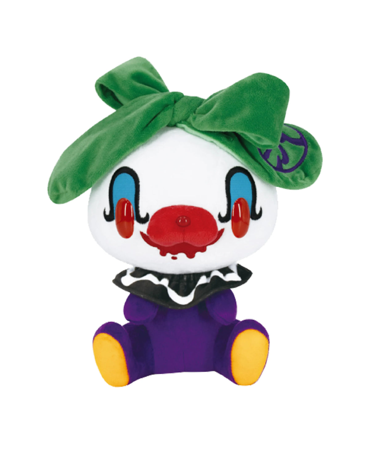 Gloomy Bear bunny plush in clown makeup with a green bow, black ruff collar, and purple body with yellow foot pads.