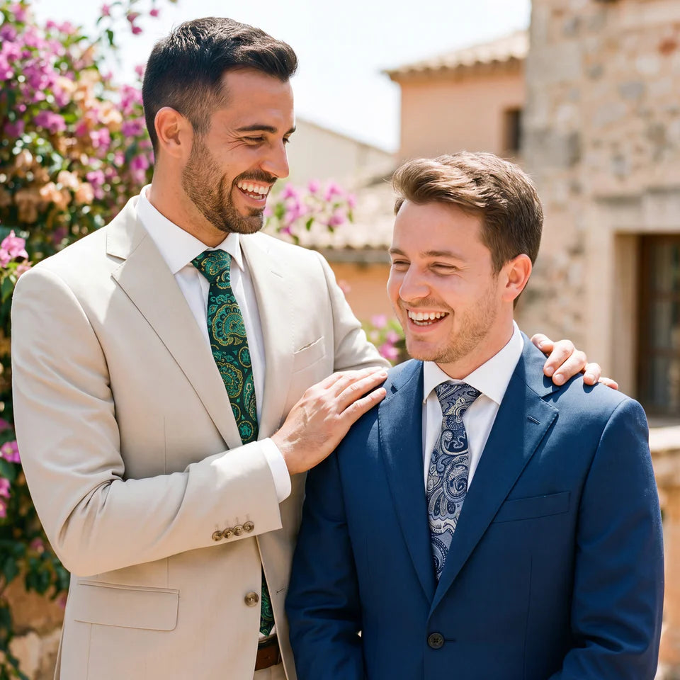 Soissons · conjunto de corbata con estampado paisley azul y platino con pañuelo, gemelos y pasador