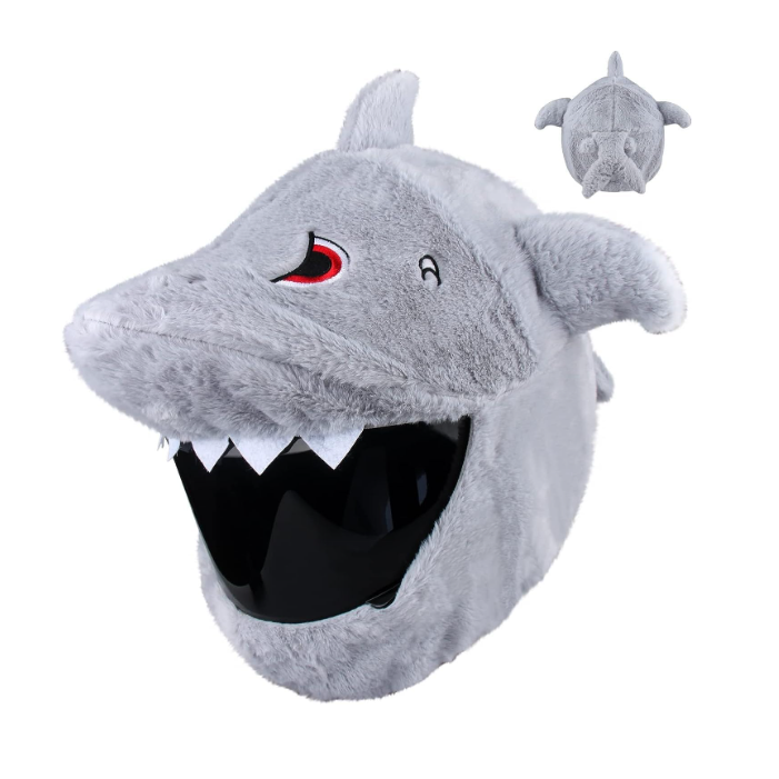 Gray plush shark helmet with black visor and red eyes, perfect for costume parties or playful cosplay.