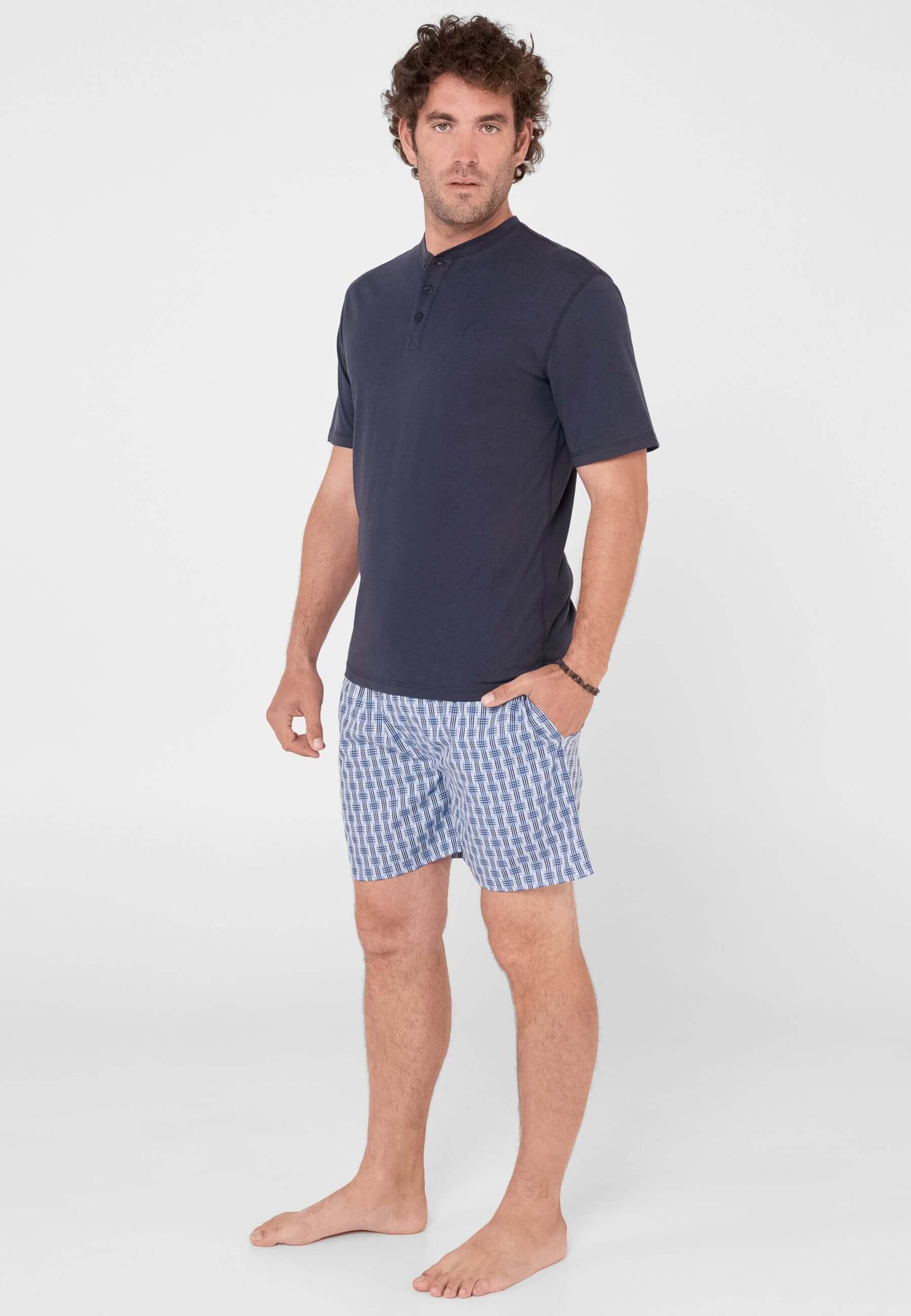 Pijama Hombre Verano Corto Tapeta Algodón Punto Liso Tela Cuadros - Azul 3604_39