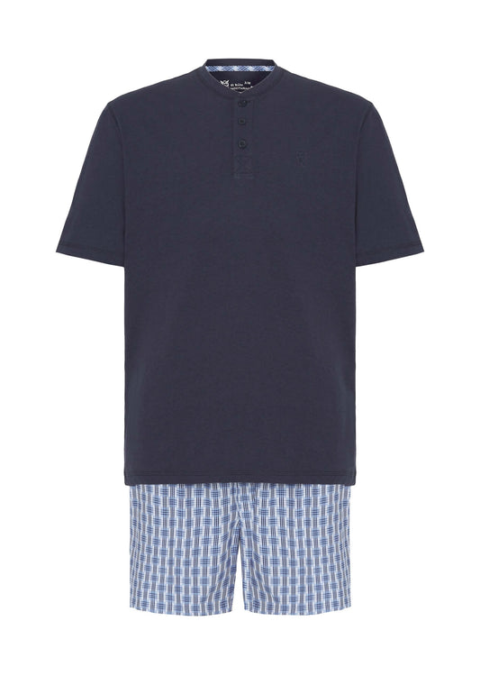 Pijama Hombre Verano Corto Tapeta Algodón Punto Liso Tela Cuadros - Azul 3604_39