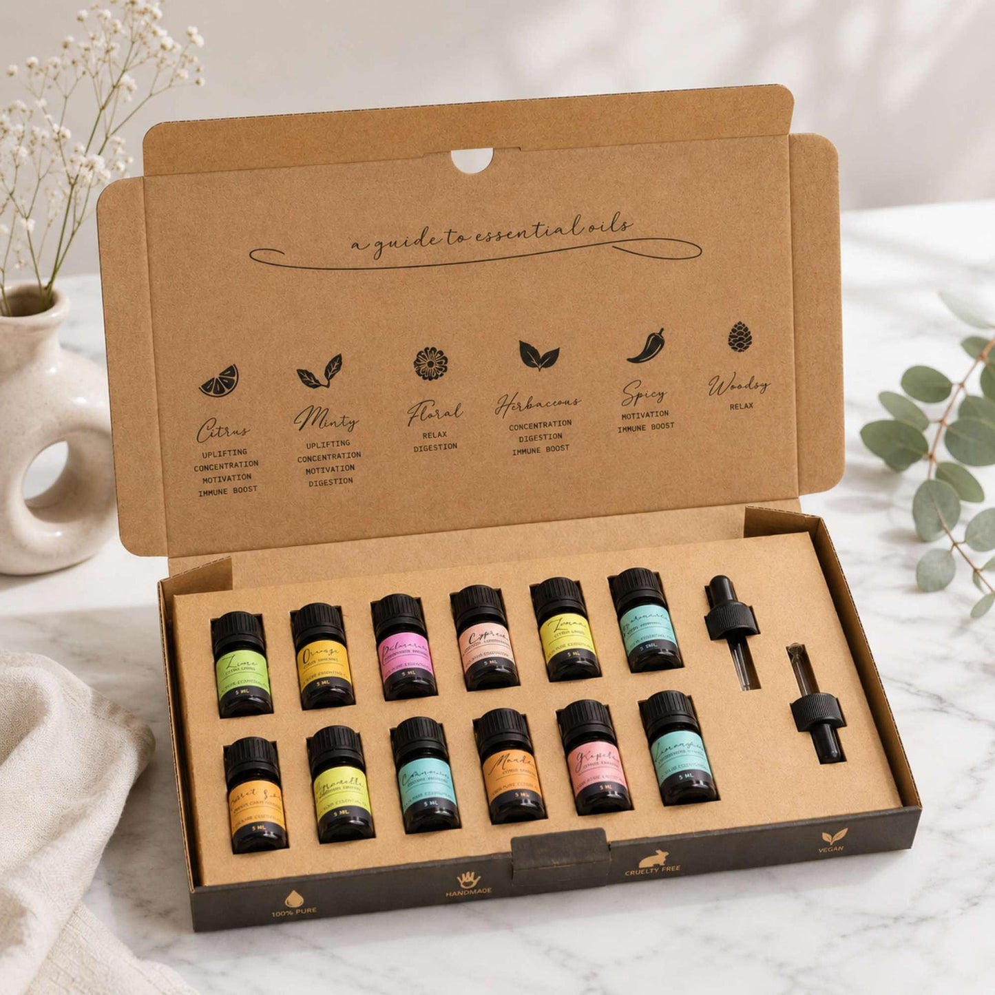 12 aceites esenciales puros para transformar el aroma de tu hogar — hechos a mano, veganos y cruelty-free