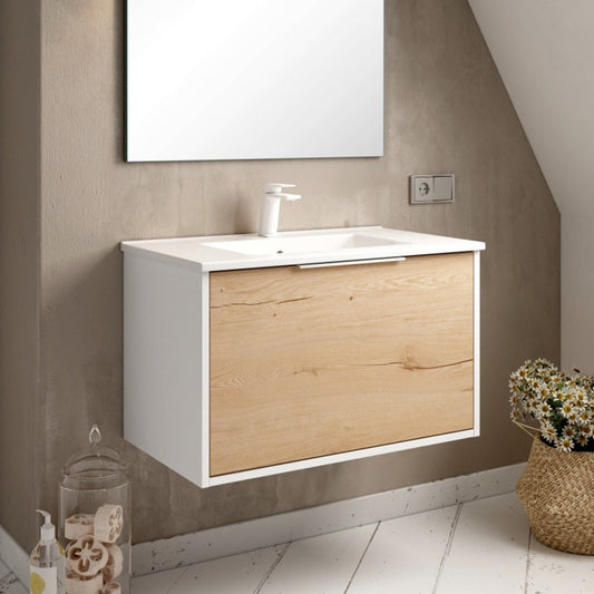 Mueble de Baño Completo 80 cm Blanco con cajón amplio y cierre amortiguado