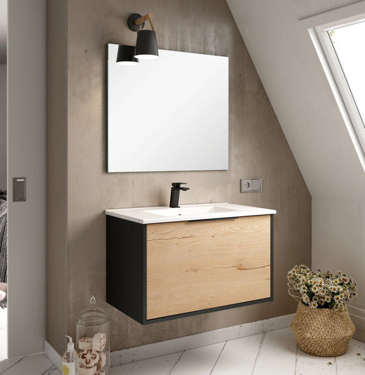 Conjunto Mueble de Baño Completo 80 cm Negro con lavabo de encimera