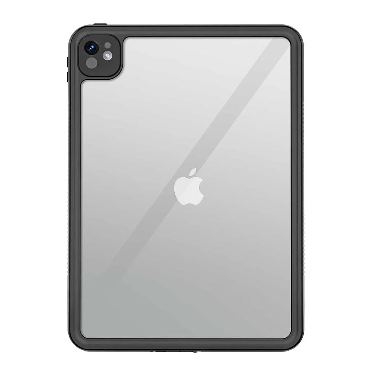 Rugged black waterproof iPad Pro case with a transparent back panel showing the Apple logo and camera cutout.