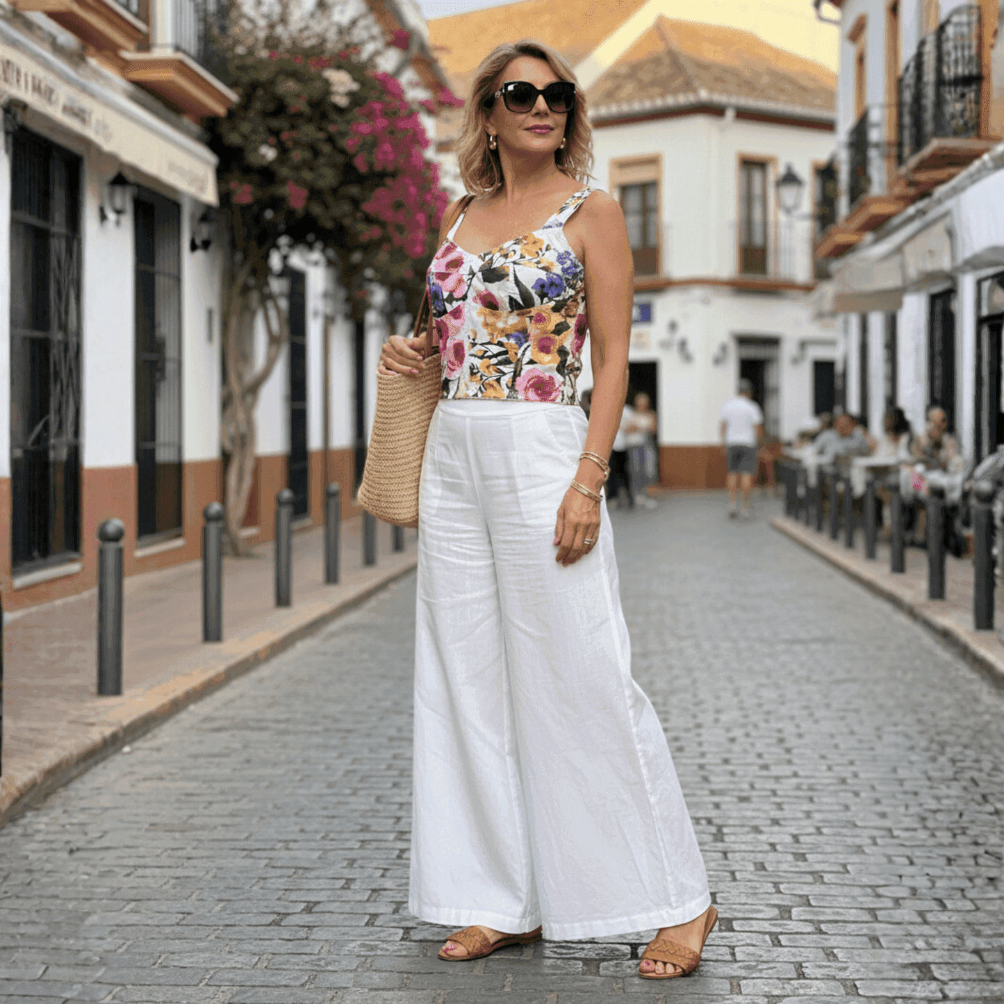 Woman wearing a white floral print cotton bustier top and wide-leg white trousers in a cobblestone street.