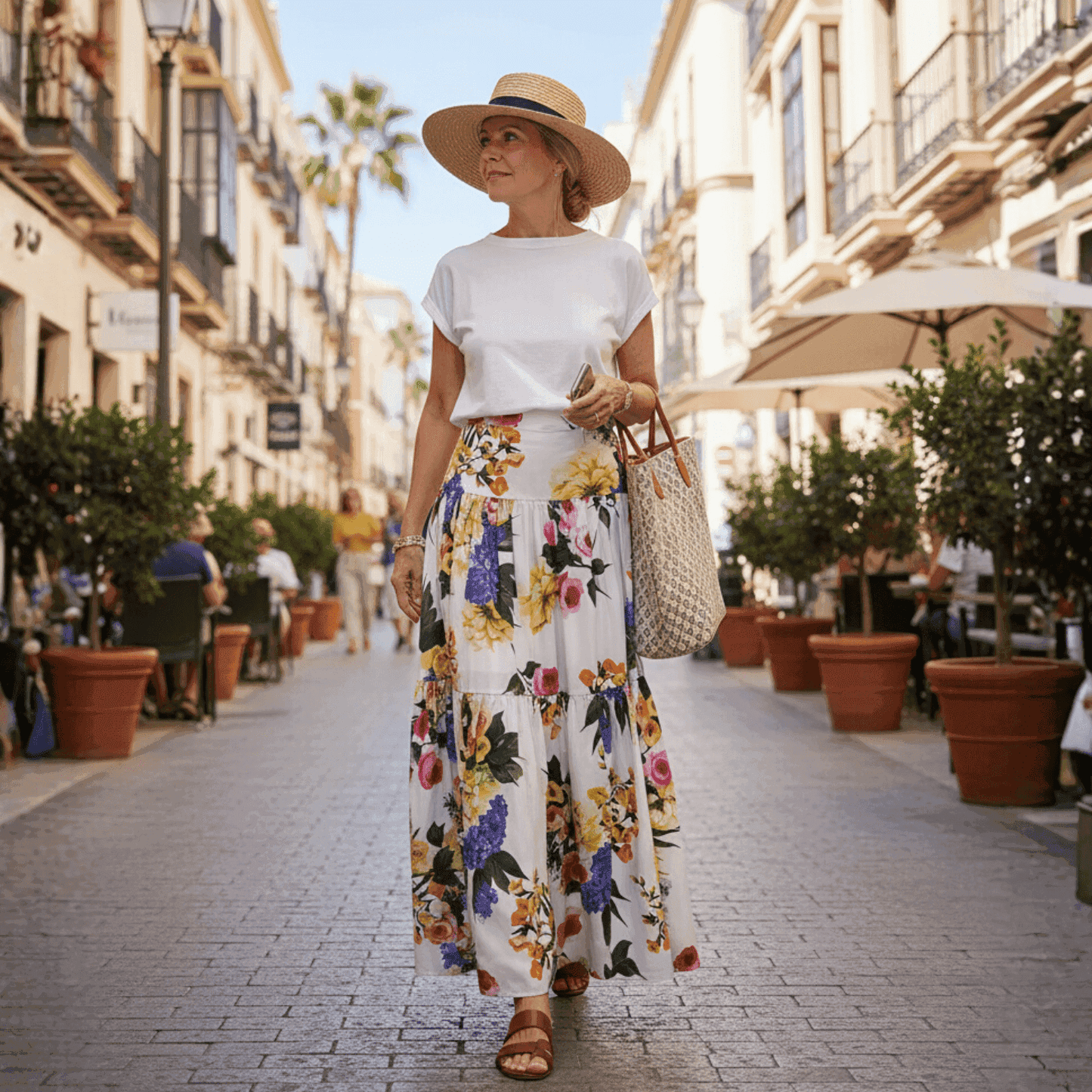 Woman wearing a white short-sleeve tee and a long, layered cotton maxi skirt featuring a colorful floral print.