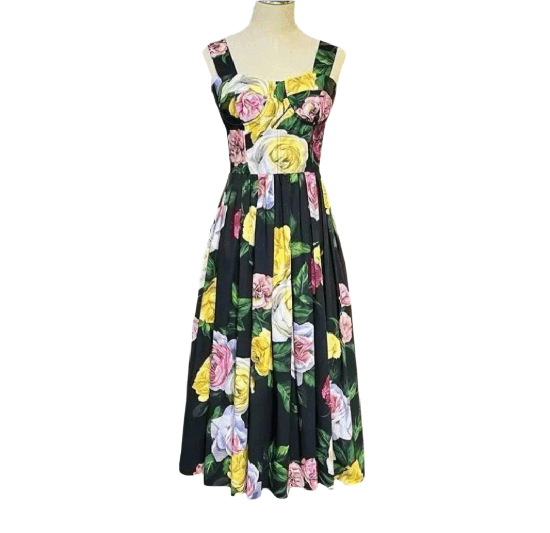 Black floral midi dress with yellow and pink roses, featuring a square neckline and adjustable straps.