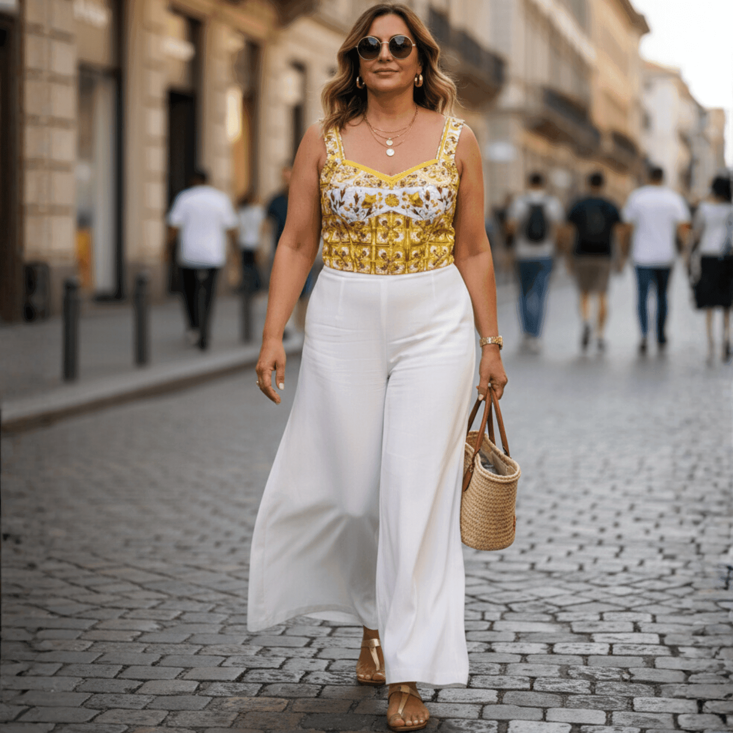 Woman wearing a yellow Majolica tile print cotton tank top and white wide-leg trousers, walking on a city street.