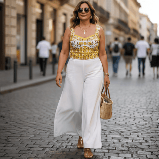 Woman wearing a yellow Majolica tile print cotton tank top and white wide-leg trousers, walking on a city street.