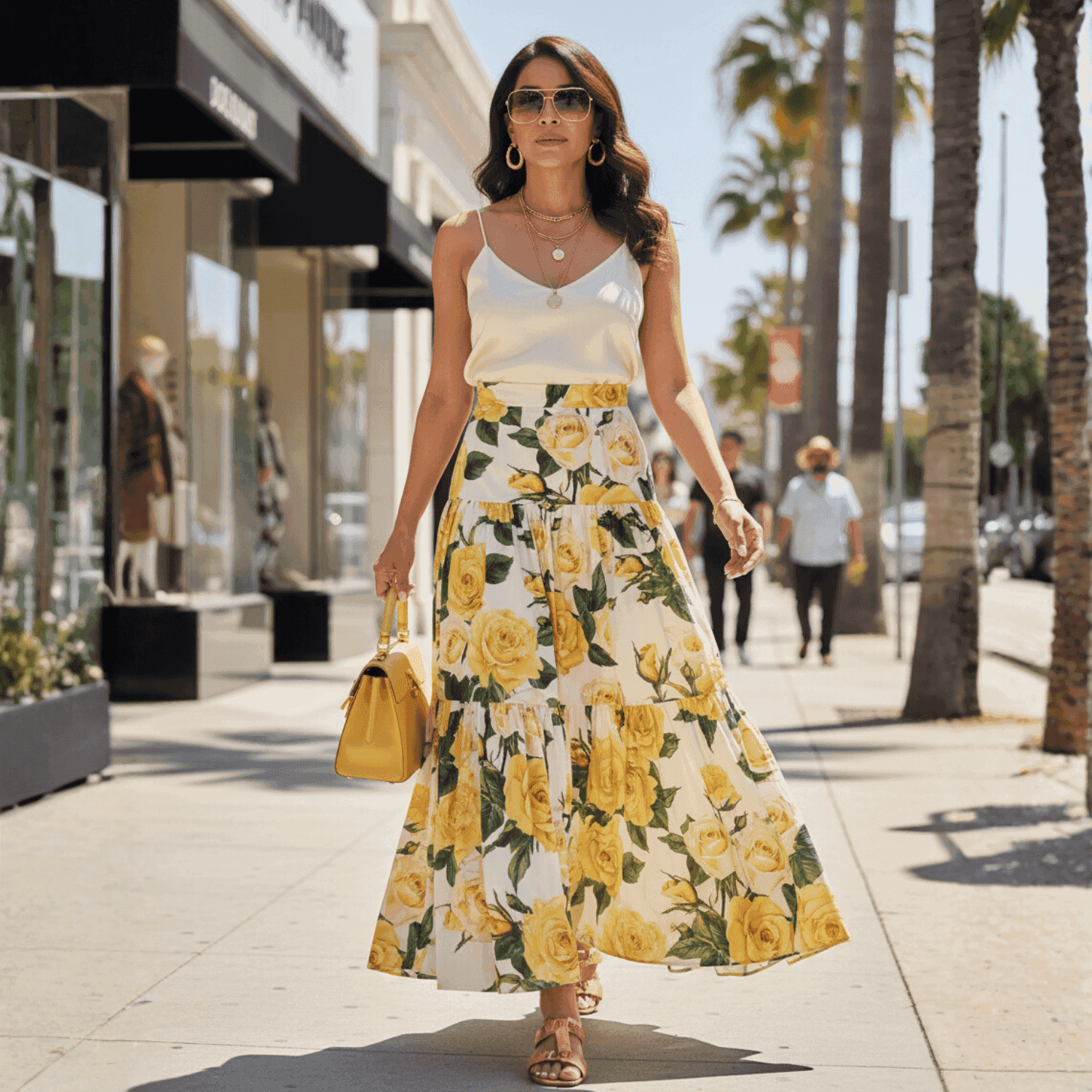 Woman wearing a white camisole and a tiered cotton maxi skirt with a vibrant yellow rose print on a sidewalk.
