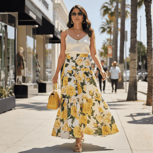 Woman wearing a white camisole and a tiered cotton maxi skirt with a vibrant yellow rose print on a sidewalk.