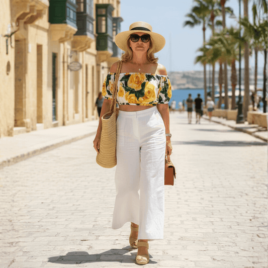 Woman wearing a white off-shoulder cotton top with yellow rose print, paired with white wide-leg trousers and straw bag.