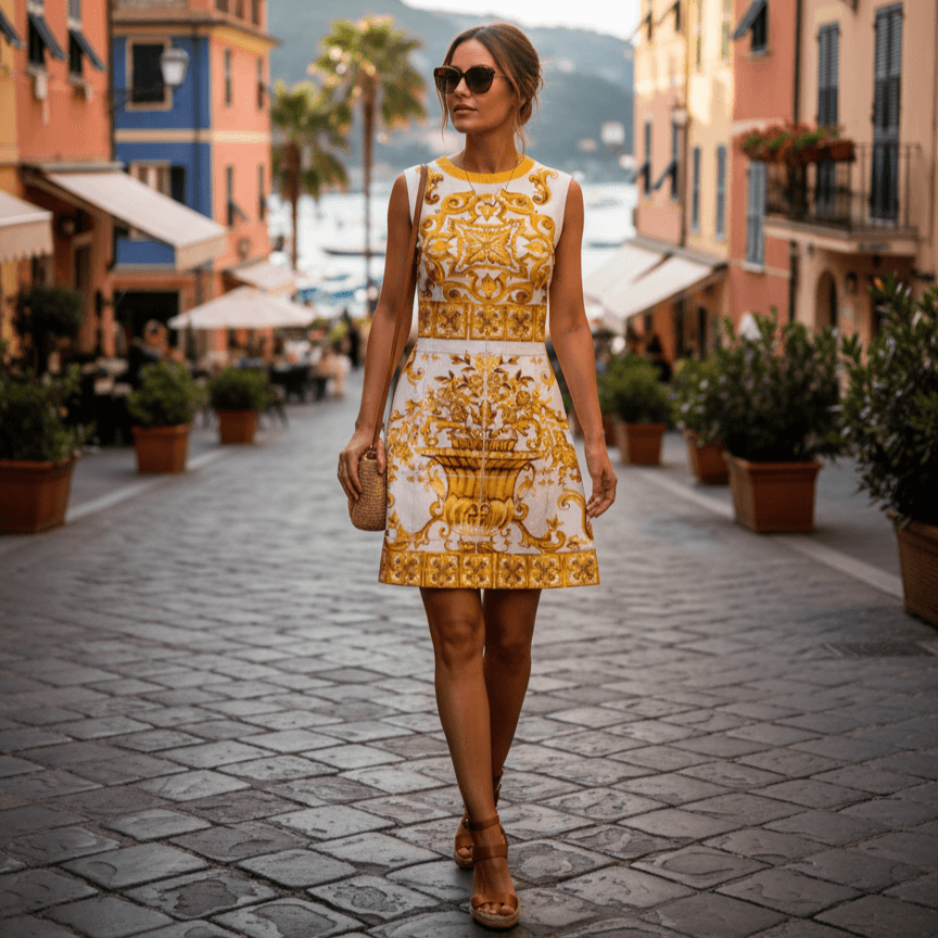 White and gold patterned mini dress, sleeveless, chic summer style, paired with sunglasses and sandals.