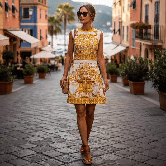 White and gold patterned mini dress, sleeveless, chic summer style, paired with sunglasses and sandals.